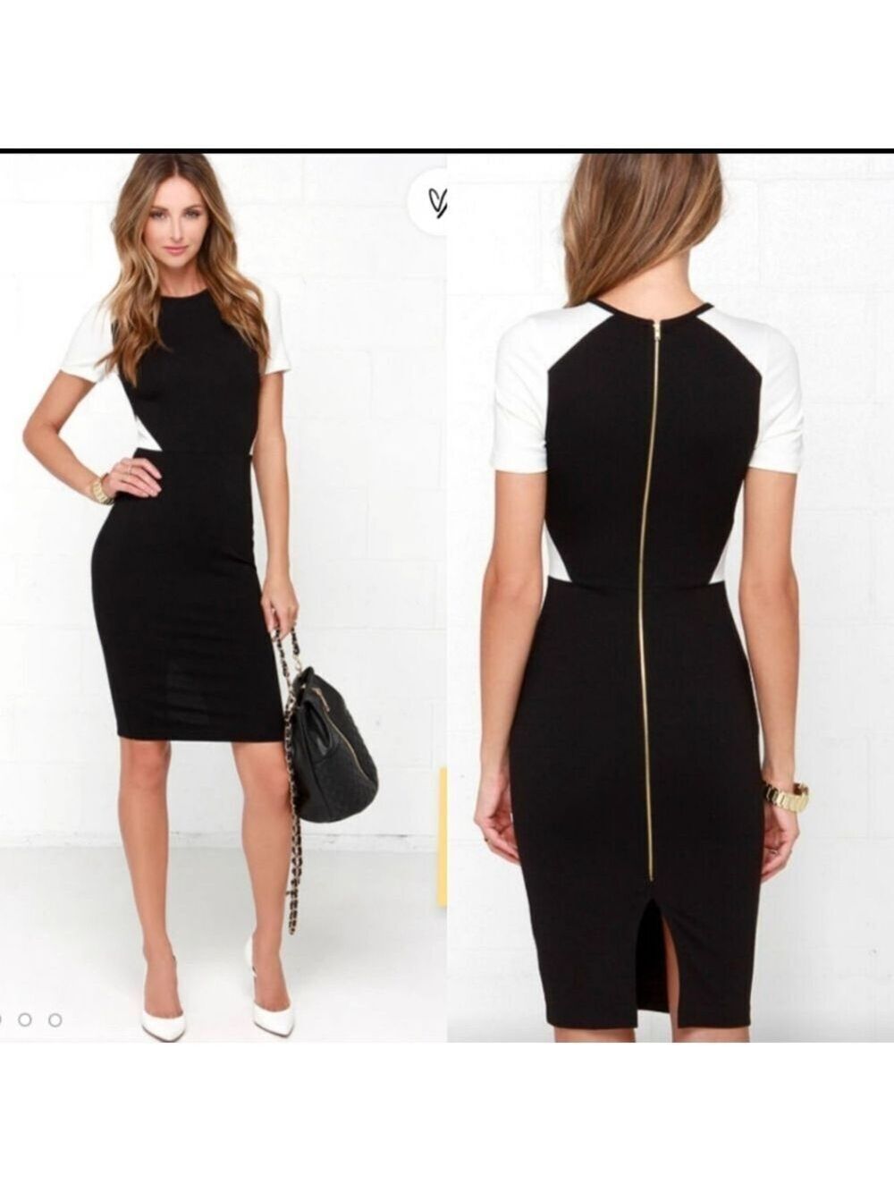 Lulu's Exact Elegance Ivory and Black Bodycon Midi Dress